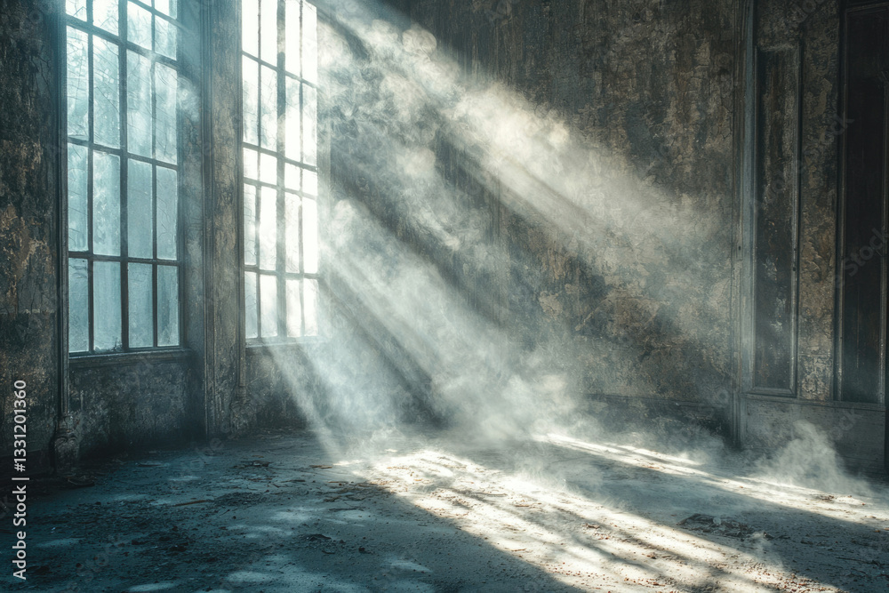 Poster sunbeams illuminate a dusty, abandoned room with large windows, creating a dramatic atmosphere.