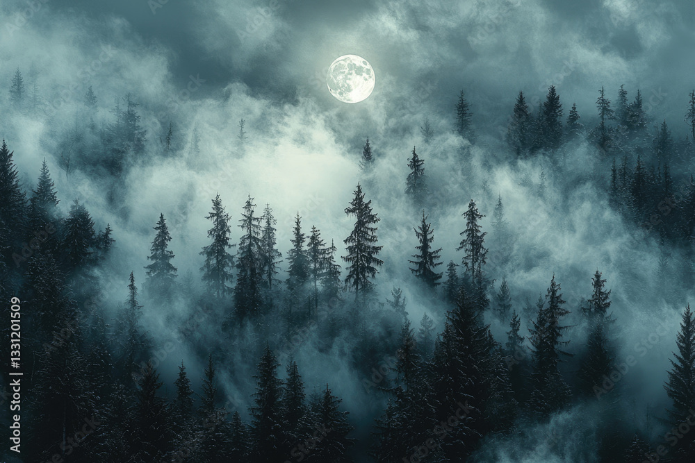 Aufkleber Enigmatic full moon illuminates a misty evergreen forest, creating a serene yet mysterious atmosphere.