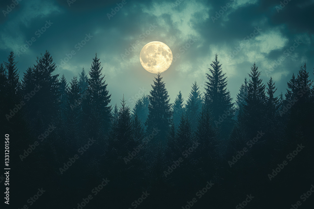 Poster A full moon casts an ethereal glow over a dark, mysterious forest, creating a serene yet slightly eerie atmosphere.