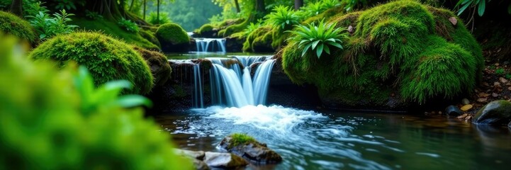 Fototapeta premium Waterfall with moss and ferns growing around it, water, moss, stream