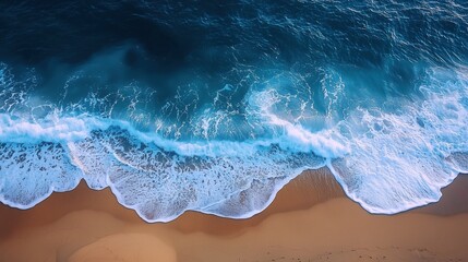 Fototapeta premium Waves gently breaking on a sandy beach at sunset, creating a serene coastal atmosphere with vibrant colors