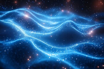 Abstract blue digital background with swirling lines and dots, glowing circular pattern symbolizing modern technology and data visualization in high resolution.