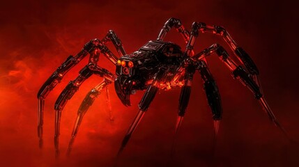 Mechanical spider in fiery haze