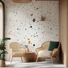 Serene home interior with terrazzo backdrop and contemporary furnishings
