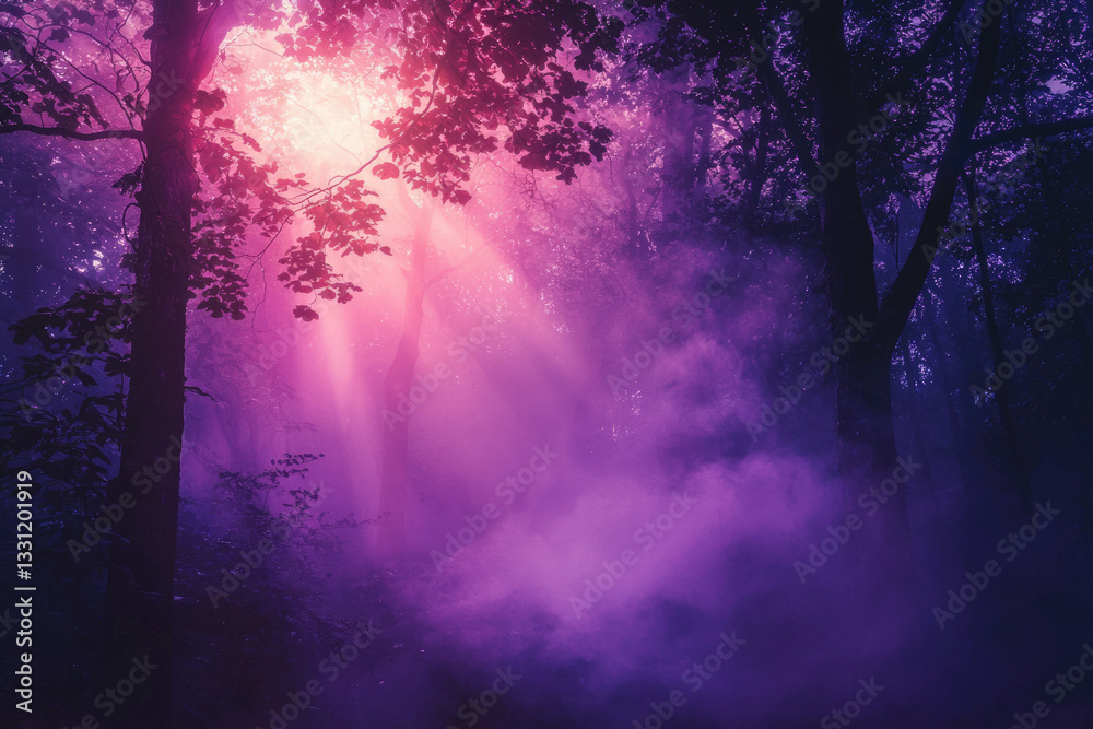 Poster sunbeams pierce a mystical purple forest, creating an ethereal and enchanting atmosphere.