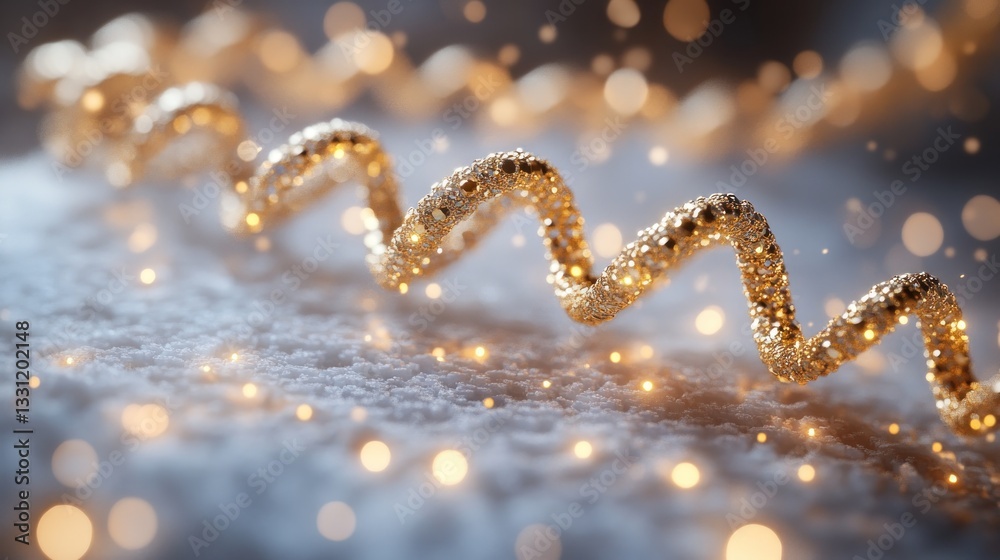 Poster glittering golden ribbon swirls on snowy surface with bokeh lights.