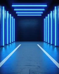 Obraz premium Futuristic Blue Neon Lit Underground Parking Garage Corridor Modern Architectural Design
