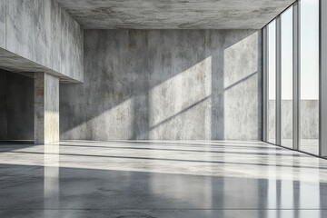 Abstract gray concrete wall background, interior studio room with empty space for product presentation and design mock-up, white floor.