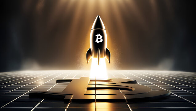 Bitcoing rocket lounch from bitcoin mark floor.Concept-Bitcoin is going high fast like rocket since when it launch concept