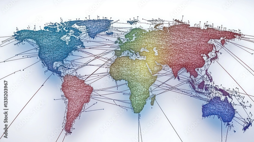 Poster global network connection visualization, world map with interconnected nodes.