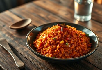 A steaming hot plate of Jollof Rice with fresh vegetables and paprika