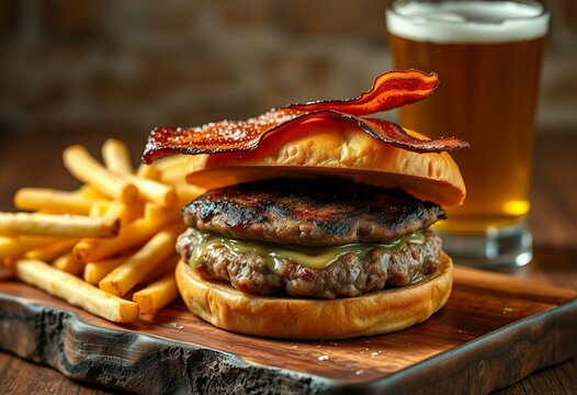 Photorealistic image of a Hambagu sandwich with crispy bacon and fries