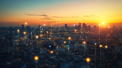 Fototapeta premium Cityscape at sunset with digital network. Possible stock photo use Modern cityscape