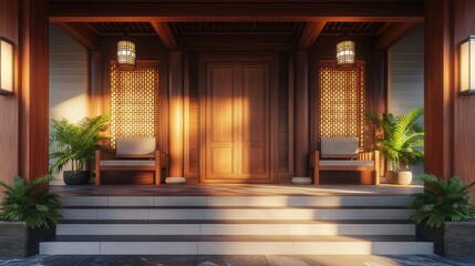 Fototapeta premium Asian-inspired porch with wooden door, chairs, and plants
