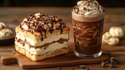 Chocolate layered cake with whipped cream and chocolate milkshake