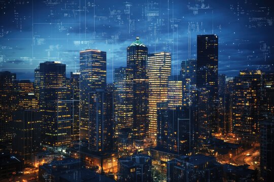 Night city skyline with digital overlay