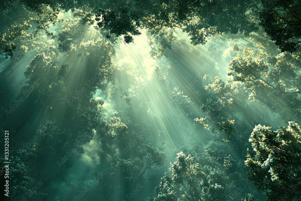 Poster sunbeams pierce through a mystical, verdant forest canopy, creating an ethereal atmosphere.