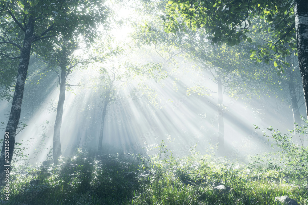 Poster sunbeams pierce a misty forest, illuminating the green foliage and tree trunks in a magical scene.