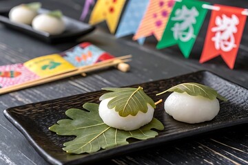 Delicate Mochi Wrapped In Fresh Oak Leaves, A Serene Autumnal Treat Presented On A Dark Slate Plate, Embodying The Quiet Beauty Of A Traditional Japanese Festival
