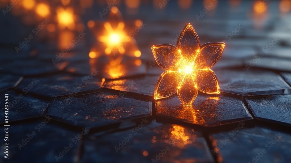 Aufkleber glowing abstract flower on dark hexagonal surface.