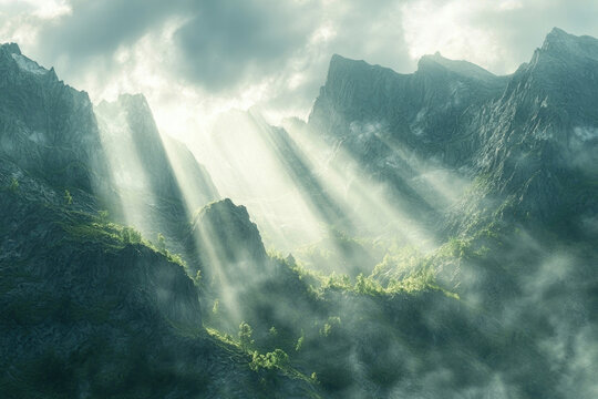 Sunbeams illuminate a misty mountain valley, creating a serene and breathtaking landscape.