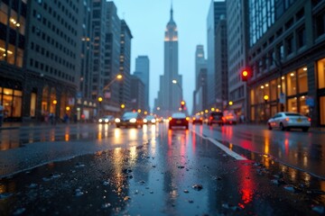 Fototapeta premium Rainy Evening in the City: Stunning Reflections of Lights and Traffic on Wet Streets, Capturing the Urban Vibe and Architectural Beauty of a Bustling Metropolis
