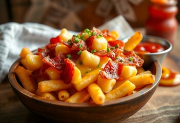 A warm and inviting Poutine, with a golden-brown crust and a generous helping of melted cheese curds, crispy bacon, and fresh chives.