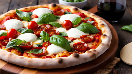 Gourmet pizza with crispy crust and fresh ingredients – a delicious display against a rustic backdrop in natural light