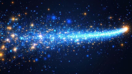 Obraz premium Glowing blue and gold light trail across dark space, resembling a comet or shooting star with sparkling particles.