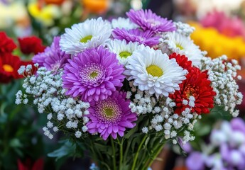 Beautiful bouquet of colorful flowers with purple, white, red daisies and green leaves arranged in a vibrant display for spring or summer celebrations