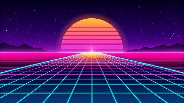 Retro background futuristic landscape 1980s style. Vector perspective grid. 80s sci-fi or game style. Retro neon background