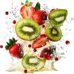 Kiwi and Strawberry Slices Flying in Water Splash Isolated on Transparent Background