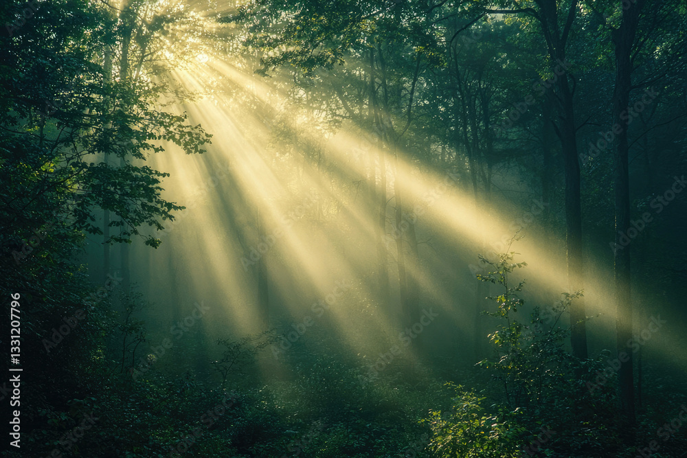 Poster sunbeams pierce through a misty forest, illuminating the trees and undergrowth in a magical scene.