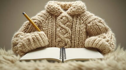 Cozy sweater holding pencil and blank notebook.