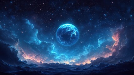 Obraz premium Glowing blue planet in a starry night sky above a surreal cloudscape.