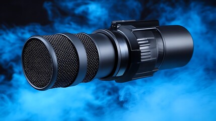 Professional microphone, floating in blue smoke.