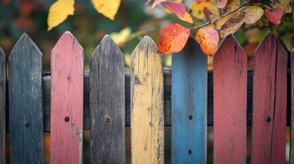 Fototapeta premium Colorful autumn fence, leaves, garden