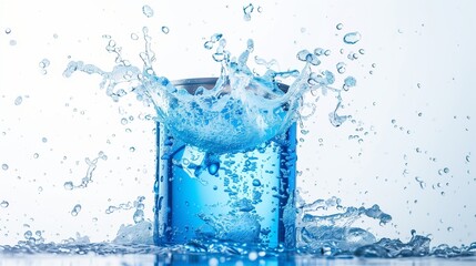 A frozen energy drink splash with vivid blue liquid bursting from a can, with suspended droplets, isolated on white.