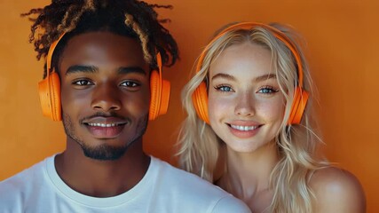 Portrait of a happy couple. Smiling duo with headphones. Cheerful young pair beams with joy in gentle motion. Ideal for lifestyle ads in 4K.

