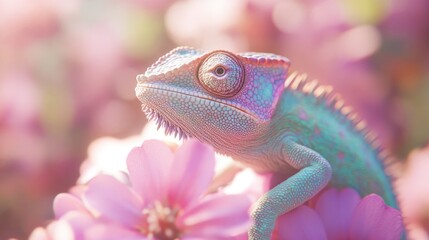 Obraz premium Pastel Chameleon on Pink Flowers