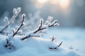 Obraz premium Snowy Branches in a Tranquil Winter Wonderland: A Stunning Close-Up of Frost-Covered Twigs, Capturing the Beauty, Stillness, and Magic of the Cold Season