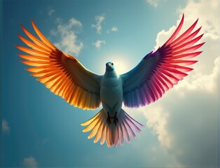 Obraz premium flying dove with rainbow coloured wings. blue sky on background