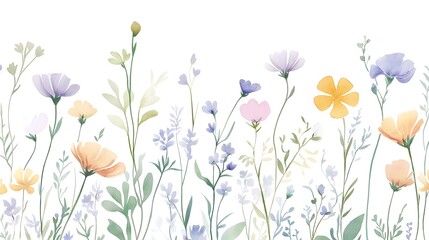 Seamless Floral Border Featuring Delicate, Multicolored Meadow Watercolor Flowers