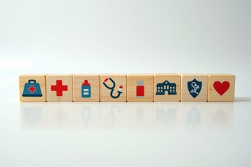 Healthcare and Medical Symbols on Wooden Blocks Representing Medicine, Hospitals, Emergency Care, Health Insurance, Pharmacy, and Medical Treatment Essentials