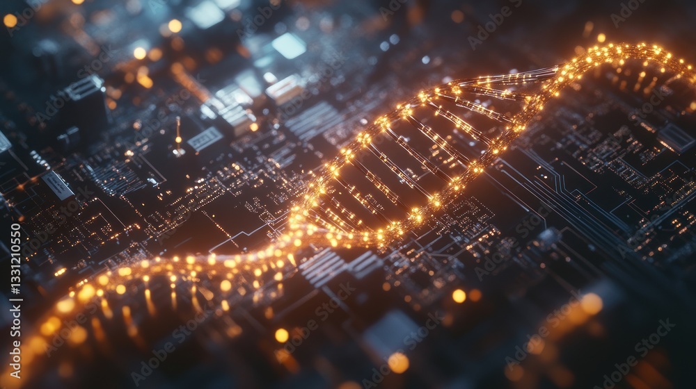 Poster glowing dna strand on a circuit board, representing biotechnology and genetic engineering.