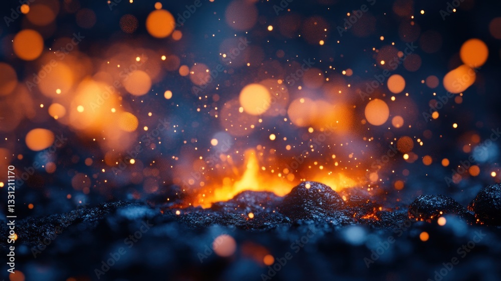 Poster glowing embers and sparks rising from dark volcanic rocks with bokeh effect.