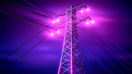 Illuminated electricity pylon at night.