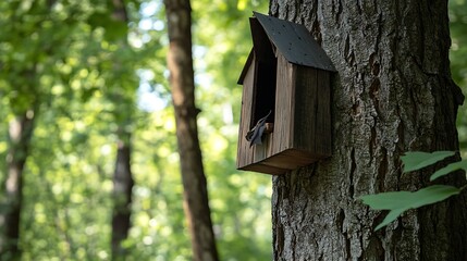 A wooden bat house has been attached to a tree