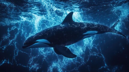 Fototapeta premium Orca swims ocean, glowing particles, underwater, nature documentary