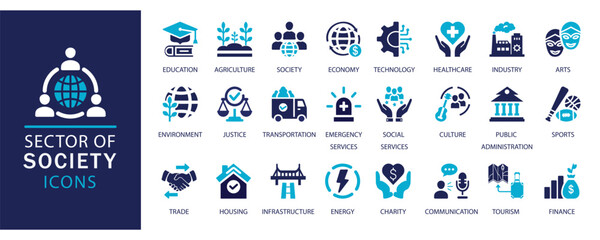 Sector of Society Icons set. Featuring education, healthcare, economy, environment, justice, technology, finance, trade, culture, and more. Ideal for business, and social development projects.
